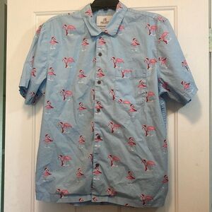 Blue and Pink Casual Button Down Shirt with Flamingo Print